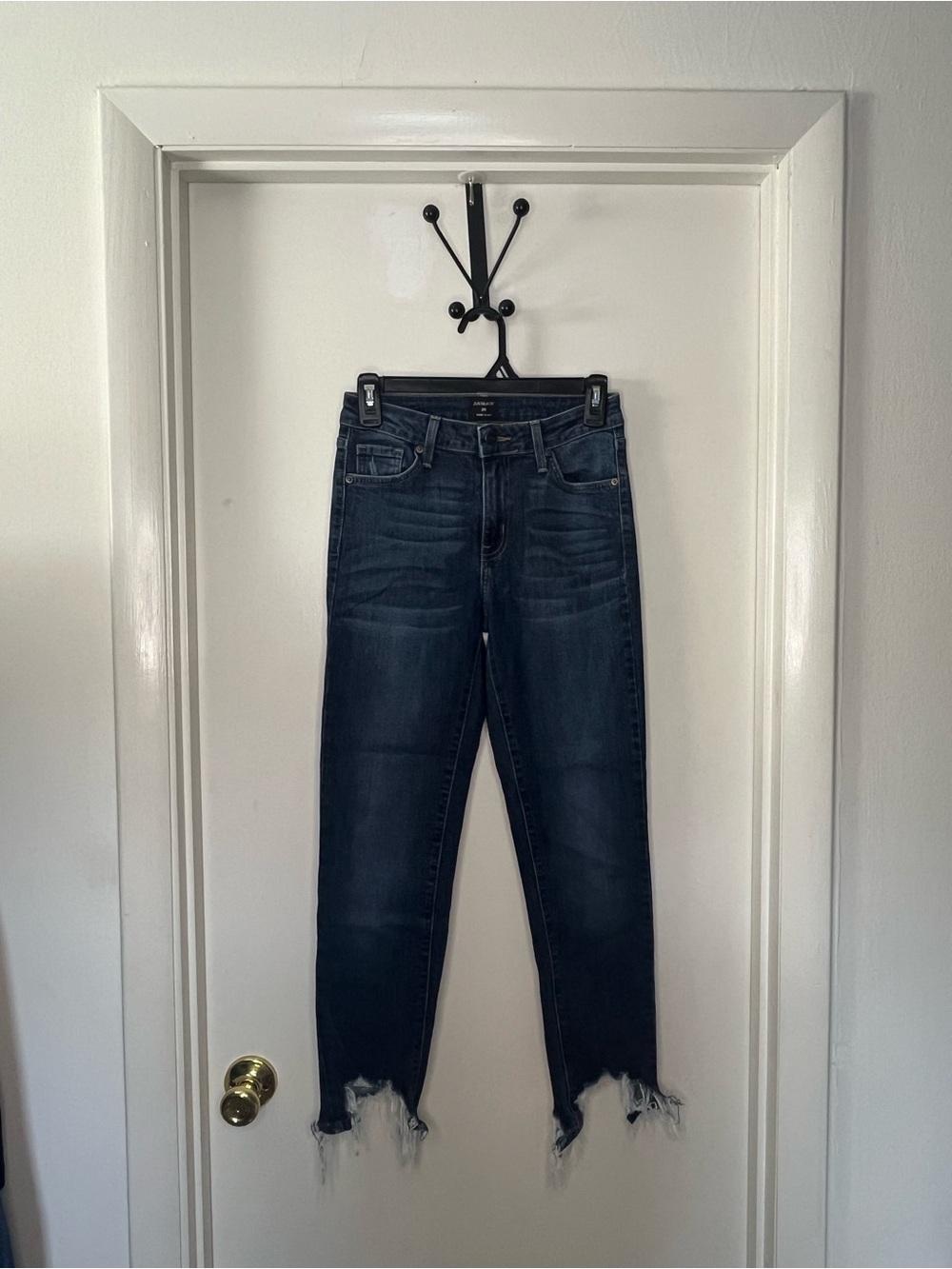 High-Rise Dark Wash Women's Straight Jeans - Frayed Hem - Picture 2 of 4